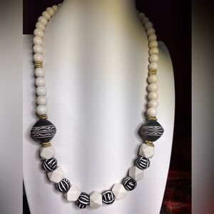 Handcrafted Black and Cream Beaded Statement Necklace 24 inches
